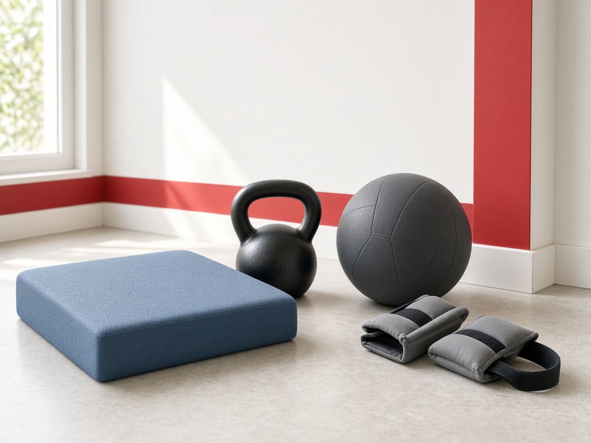 Balance pad, kettlebell, and strength equipment on the clinic floor