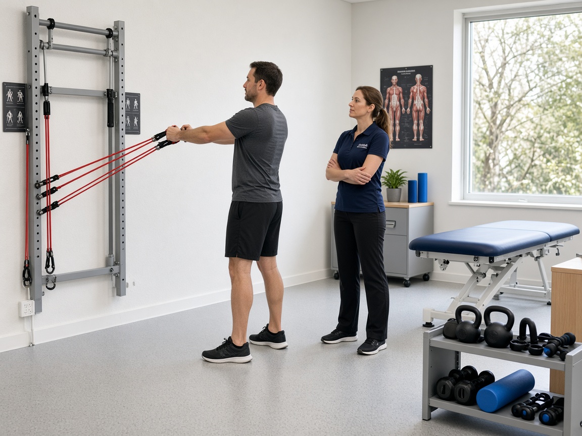Resistance-band station with coaching nearby